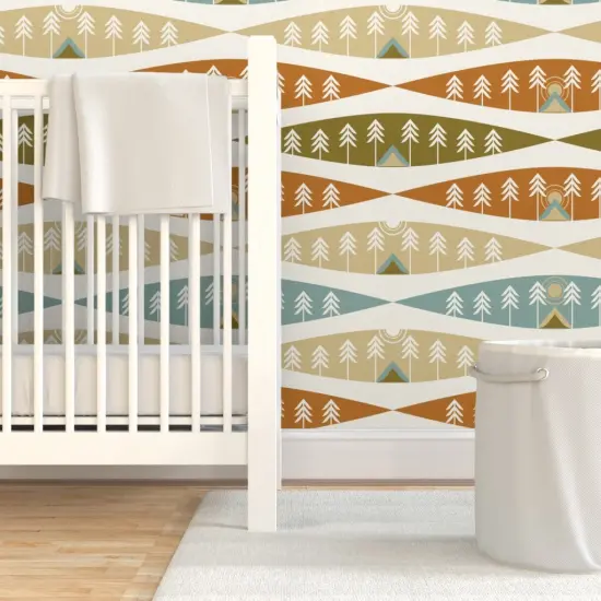 Pre-Pasted Wallpaper 2FT Wide Camping Earth Tones Adventure Exploration Great Outdoors Tents Trees Nature Sunrise Sunset Red Beige Cozy Hygge Custom Pre-pasted Wallpaper by Spoonflower {7}