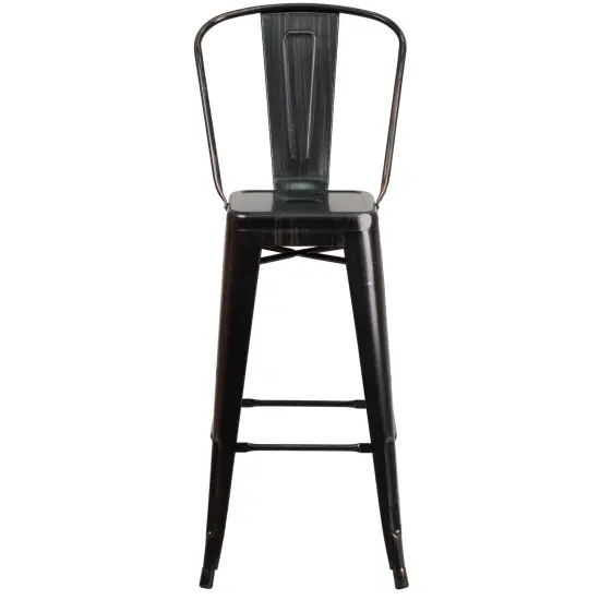 Merrick Lane Dothan Series Metal Stool with Removable Back for Indoor-Outdoor Use Black-Antique Gold {6}