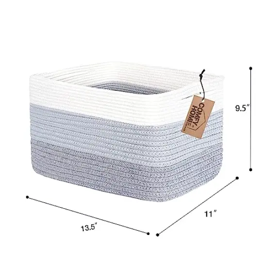 COMFY-HOMI Cotton Rope Woven Basket With Handles for Shelves, Toy, Book, Cloth Storage Basket for Organizing|NEW 13.5" x 11" x 9.5" Decorative Nursery Cube Bin for Living Room(White/3-Tone Grey) {5}