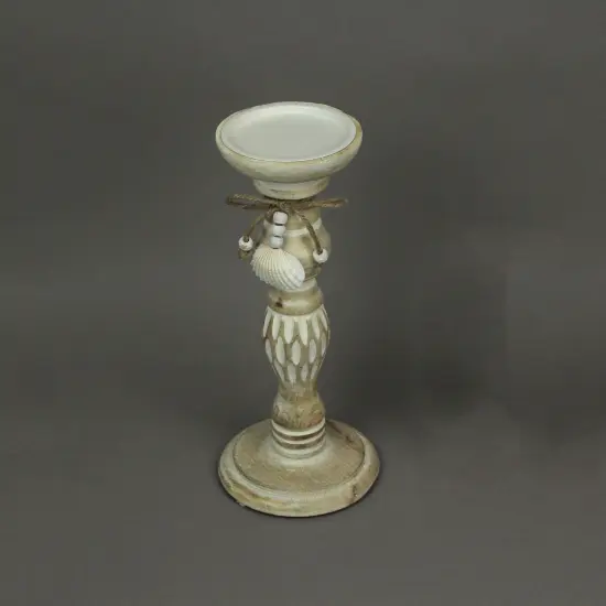 11 Inch Wood Pedestal Candle Holder Rustic White Washed Pillar With Sea Shells {3}