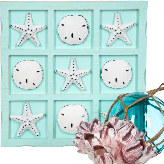 Beach Tic Tac Toe 9" X 9" Seafoam Blue Tic Tac Toe Decor Home W/White Resin Starfish & Sand Dollars Real Wooden Tic Tac Toe Tic Tac Toe Coffee Table Nautical D&eacute;cor {6}