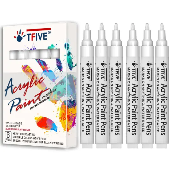 6 Pieces White Acrylic Paint Marker Pens - 2-3mm Medium Tip,Permanent White Water Based Paint Pen for DIY Projects, Paintings for Rock, Fabric, Wood, Leather, Metal, Ceramics, Paper, Glass, Plastic {3}