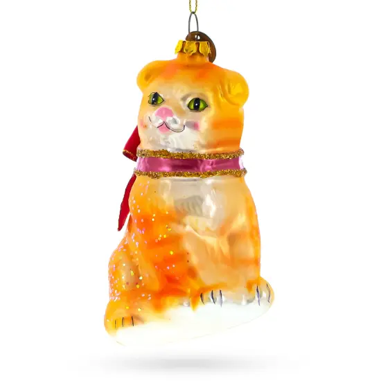 Cat with Red Scarf Glass Christmas Ornament {1}