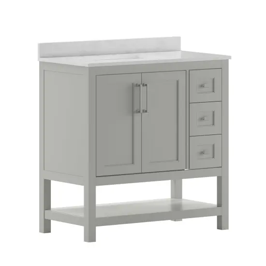 Merrick Lane Vigo Bathroom Vanity with Ceramic Sink, Carrara Marble Finish Countertop, Storage Cabinet with Soft Close Doors, Open Shelf and 3 Drawers {1}