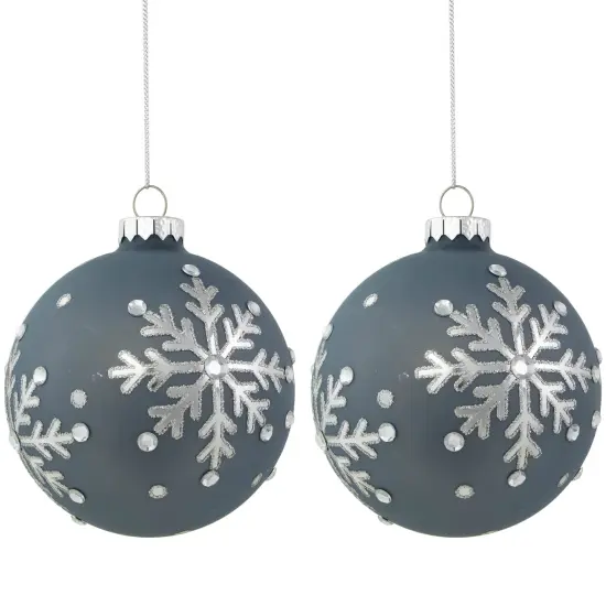 Northlight Glitter Mirrored Snowflakes Christmas Glass Ball Ornaments - 4" - Slate Blue - Set of 2 {1}