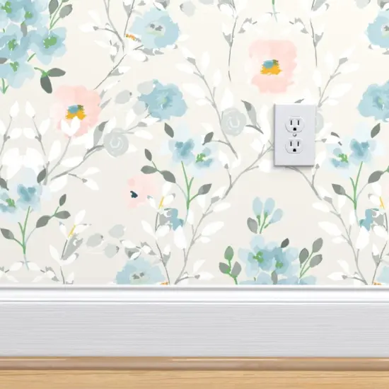 Pre-Pasted Wallpaper 2FT Wide Romantic Floral Blue Gray Pink Watercolor Flowers Custom Pre-pasted Wallpaper by Spoonflower {4}
