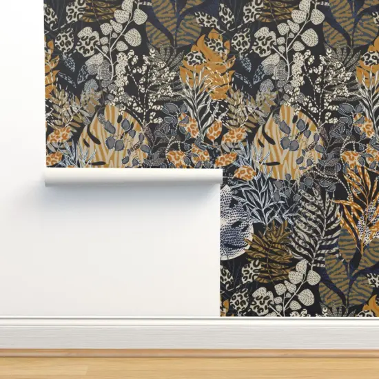Peel & Stick Wallpaper 2FT Wide Blue Leaves Animal Print Wild Dark Tropical Tiger Cheetah Lizard Botanical Floral Large Scale Jungle Custom Removable Wallpaper by Spoonflower {2}
