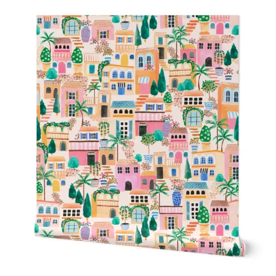 Peel & Stick Wallpaper 2FT Wide Pink Lake Seaside Palm Trees Houses Garden Tropical Italian Hand Painted Villa Adventure Plants Medium Scale Custom Removable Wallpaper by Spoonflower {7}