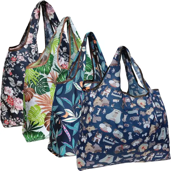 Wrapables Large Foldable Tote Nylon Reusable Grocery Bags, 4 Pack Dogs & Greenery {1}