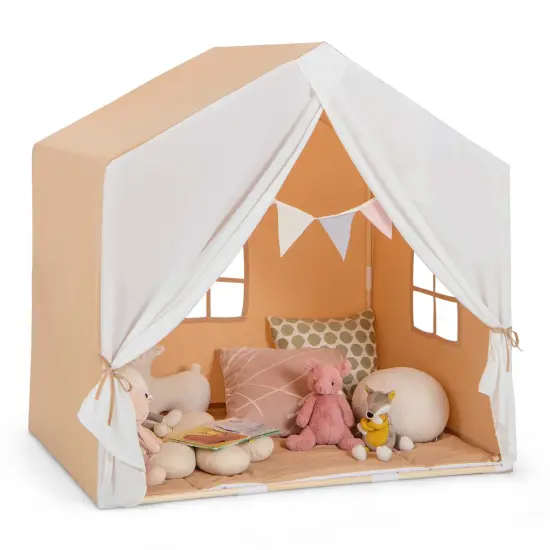 Costway Kid's Play Tent Toddler Playhouse Castle Solid Wood Frame with Washable Mat Orange/Pink {7}