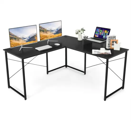 2-Person L-Shaped Long Reversible Computer Desk with Monitor Stand and Steel Frame Black {6}