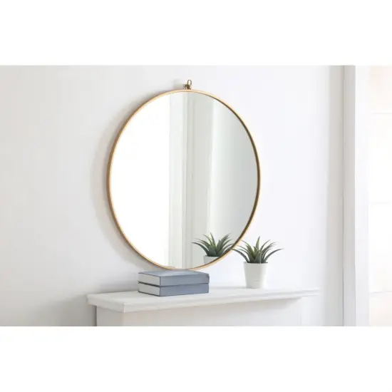 Metal frame Round Mirror with decorative hook 32 inch Brass finish {4}