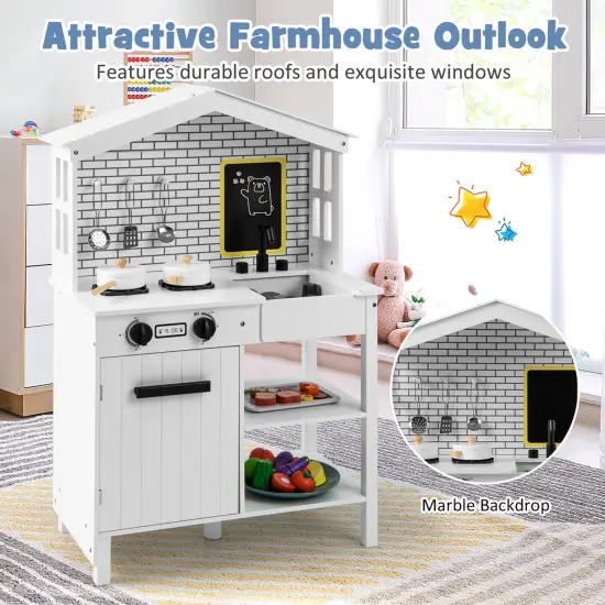 Costway Kids Farmhouse Kitchen Play Set Wooden Pretend Toy with Storage & Accessories {5}