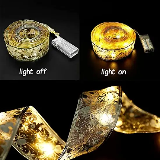 32ft (2x16ft) 100 LEDChristmas Tree Decorations Gold String Lights, Copper Wire Ribbon Bows Lights for Holiday Christmas Party Indoor Decorations (Gold Warm Light Battery Powered) {4}