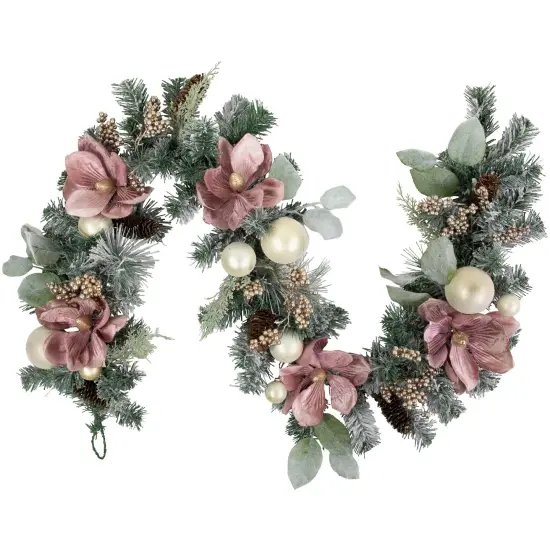 Northlight 6' Pink Floral and Ball Ornament Frosted Pine Artificial Christmas Garland Green {3}