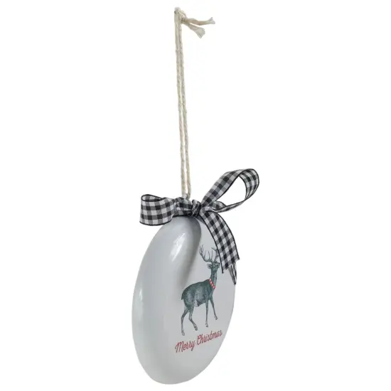 Northlight Reindeer "Merry Christmas" with a Plaid Bow Glass Disc Ornament - 4.5" - White and Black {5}