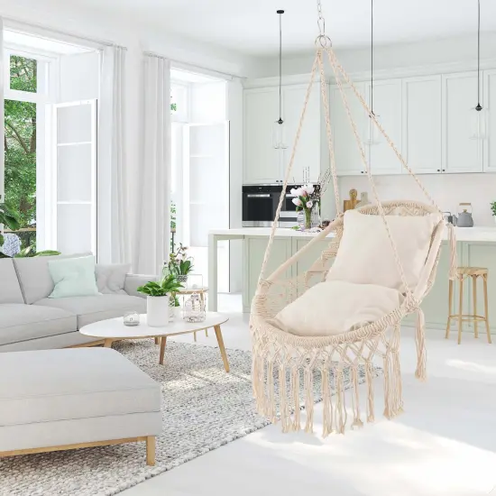 Costway Indoor Outdoor Macrame Swing with Soft Seat Cushions Sturdy Hanging Rope & Chain {4}