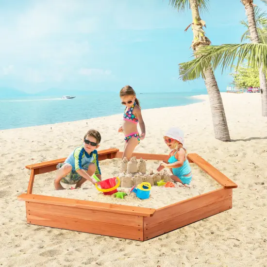 Hexagon Wooden Cedar Sand Box with Seat Boards {2}