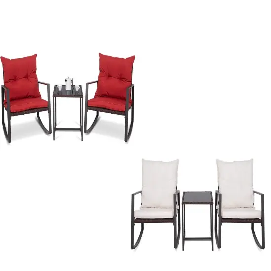 Costway 3-Piece Patio Wicker Bistro Furniture Set w/ 2 Rocking Chairs, Glass Side Table, Cushions Red/Beige {7}