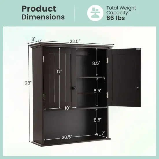 2-Door Wall Mount Bathroom Storage Cabinet with Open Shelf Espresso {5}
