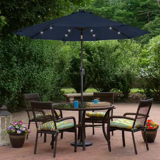 Northlight 9ft Solar Lighted Outdoor Patio Market Umbrella with Hand Crank and Tilt, Navy Blue {3}