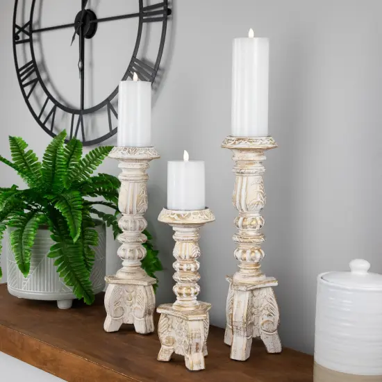 Northlight Brushed Tripod Wooden Pillar Candle Holders - 10" - Gold and White - Set of 3 {3}