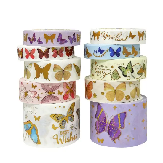 Wrapables Decorative Gold Foil Washi Tape Box Set for Arts & Crafts, Scrapbooking, Stationery, Diary (10 Rolls) Butterflies {1}