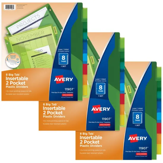Avery Dividers for 3 Ring Binders, 8-Tab Binder Dividers, Two-Pocket Plastic Binder Dividers, Insertable Big Tab, Multicolor, 3 Sets (71907) {1}