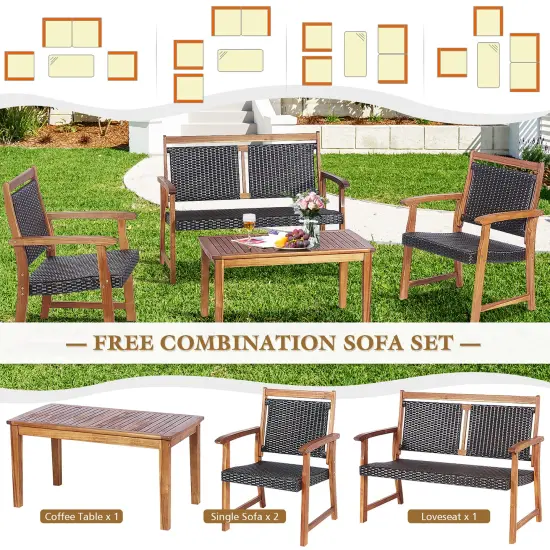 Costway 4 PCS Patio Rattan Furniture Set Acacia Wood Frame Sofa Loveseat Garden {5}