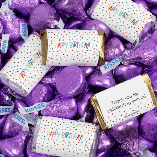 Birthday Candy Party Favors Hershey's Miniatures and Kisses - Colorful Dots Purple {1}