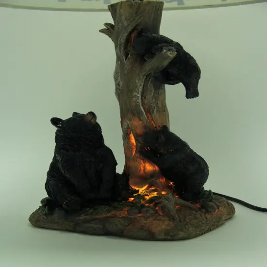 Playful Black Bears Climbing Pine Tree Rustic Table Lamp with Nightlight Base {3}