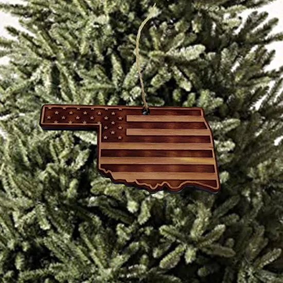 Oklahoma and USA Flag - Cedar Ornament {3}