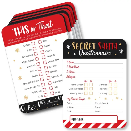 Big Dot of Happiness Secret Santa Fill-In Questionnaire Form - Christmas Gift Exchange Party Cards - Activity Duo Games - Set of 20 {1}