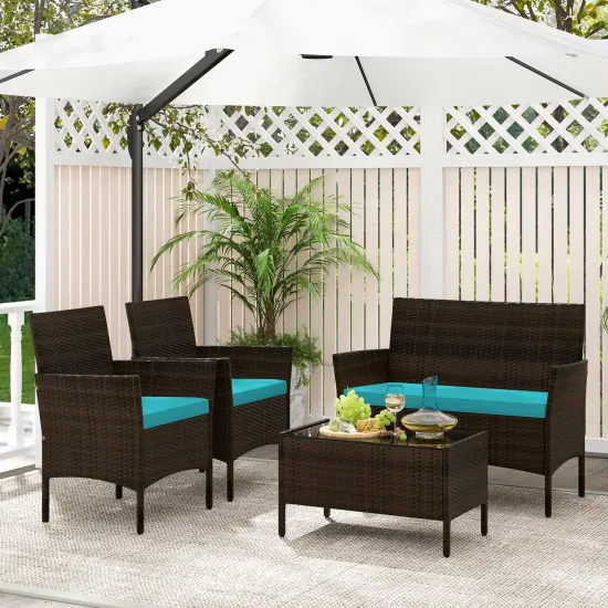 4 Piece Patio Rattan Conversation Set With Cozy Seat Cushions Turquoise {2}