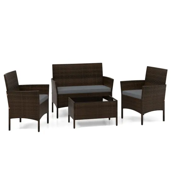 4 Piece Patio Rattan Conversation Set With Cozy Seat Cushions Grey {3}