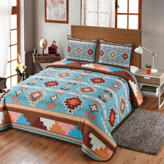 De Leon Collection 90" Blue and Orange Southwestern Beauty Queen Bedding Set {1}