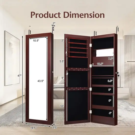Lockable Wall Door Mounted Mirror Jewelry Cabinet with LED Lights Brown {4}