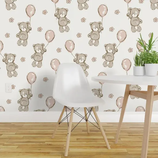 Pre-Pasted Wallpaper 2FT Wide Teddy Bear Pink Balloons Shower Small Scale Custom Pre-pasted Wallpaper by Spoonflower {1}