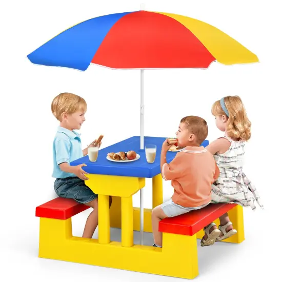 Kids Picnic Folding Table and Bench Set with Umbrella Yellow {4}