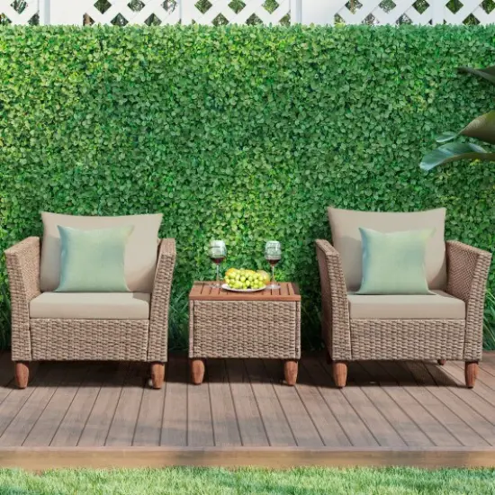 3 Pieces Patio Rattan Furniture Set With Washable Cushion for Yard Porch Beige {2}