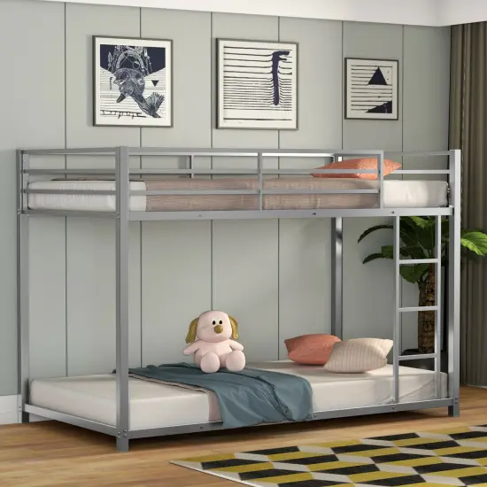 Steel Twin Bunk Bed with Ladder and Guardrails Silver {2}