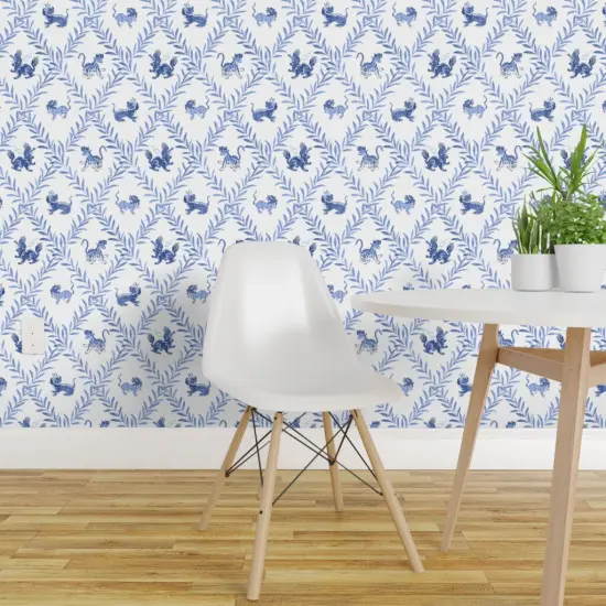 Peel & Stick Wallpaper 2FT Wide Chinoiserie Blue And White Lattice Trellis Botanical Vines Diamond Custom Removable Wallpaper by Spoonflower {1}