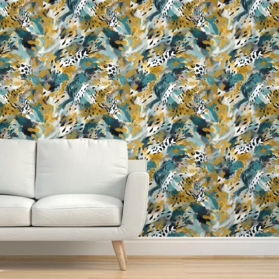Peel & Stick Wallpaper 2FT Wide Animal Print Watercolor Jungle Nature Teal Gold Custom Removable Wallpaper by Spoonflower {5}