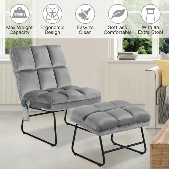 Massage Chair Velvet Accent Sofa Chair with Ottoman and Remote Control Grey {2}