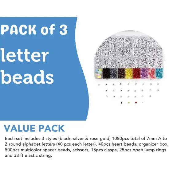3 PACK - Incraftables 3 Colors Letter Beads for Jewelry Making (7mm, 1080pcs). A-Z Black, Silver & Rose Gold Alphabet for DIY Friendship Bracelets & Crafts. ABC & Heart Bead w/Elastic String & Organizer {3}