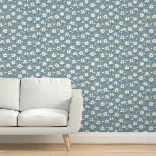 Pre-Pasted Wallpaper 2FT Wide Blue Botanical Hand Painted White Flower Summer Floral Gold Flowers Spring Boho Light Gray Florals Whimsical Medium Scale Custom Pre-pasted Wallpaper by Spoonflower {5}