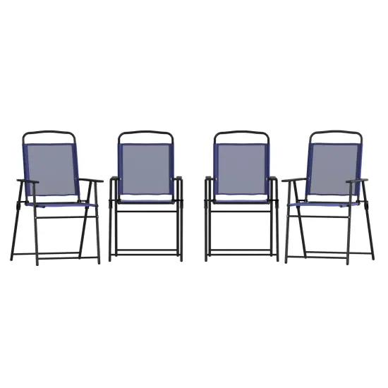 Emma and Oliver Munroe Set of 4 Textilene Folding Sling Style Patio Chairs with Armrests Navy {1}