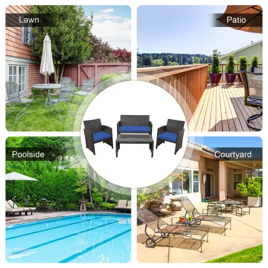 Costway 4PCS Patio Rattan Furniture Set Cushioned Chair Sofa Coffee Table White/Navy/Turquoise/Red {4}