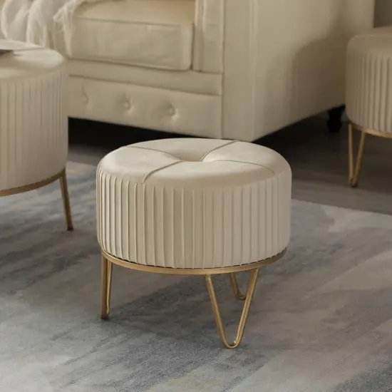 Round Velvet Ottoman Stool Raised with Hairpin Gold Base Cream Medium {11}