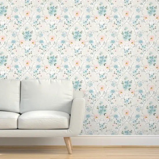 Peel & Stick Wallpaper 2FT Wide Romantic Floral Blue Gray Pink Watercolor Flowers Custom Removable Wallpaper by Spoonflower {5}